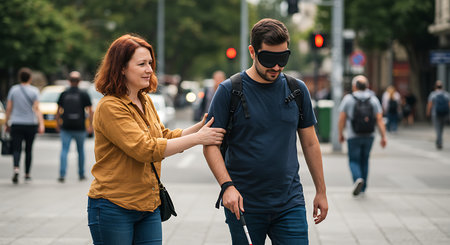 young man and woman in protective masks walking on street in city centerの素材
