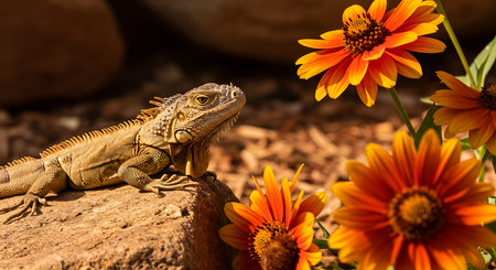 Green iguana sitting on a rock next to a beautiful orange flowerの素材