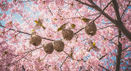 Cherry blossoms and white-eye birds in spring season.の素材