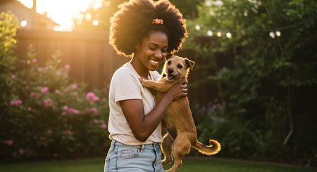 Beautiful african american woman with afro hairstyle playing with her dog in the garden.の素材