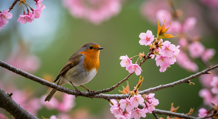 Robin Bird on Cherry Blossom and Sakura Flowers in Spring Season, Englandの素材
