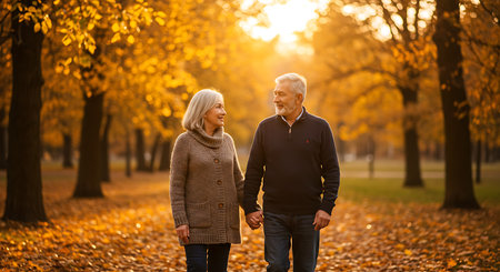Happy senior couple walking in autumn park. They are smiling and looking at camera.の素材