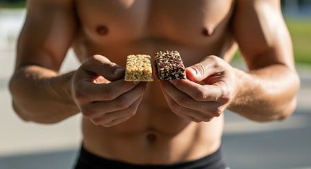 cropped shot of shirtless sportsman holding granola bars in handsの素材