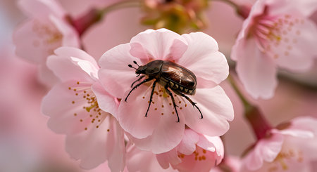 Cherry blossoms in full bloom with a beetle on a flowerの素材
