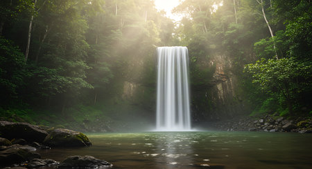 Beautiful waterfall in the tropical forest at sunset. Nature landscape background.の素材