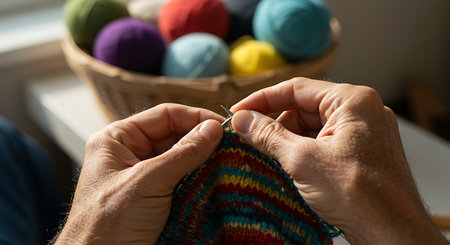 Close-up shot of hands knitting with needles and colorful wool. A basket filled with yarn balls in various colors sits in the background, bathed in soft, natural light.の素材