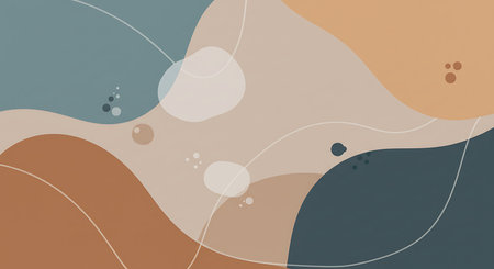 A modern abstract illustration featuring organic, fluid shapes in a calming palette of teal, terracotta, and beige. Delicate lines and subtle dots add depth to this harmonious, artistic design.の素材