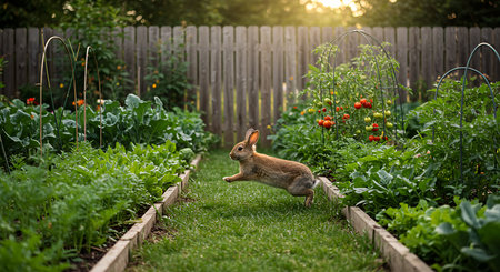 Rabbit running in the garden at sunset. Rabbit in the gardenの素材