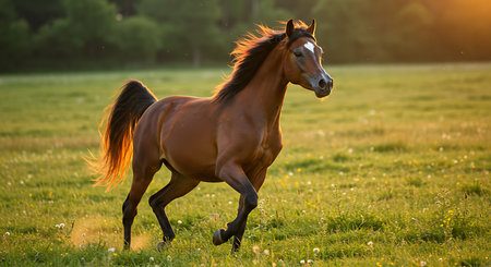 Beautiful bay horse running on green meadow at sunset, backlitの素材