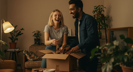 A happy couple, a blonde woman and a man, laugh while unpacking a moving box in a warm, cozy living room. The scene is lit by a soft lamp, creating a warm and inviting atmosphere.の素材