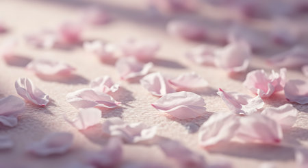 Fallen pink cherry blossom petals scatter across a textured surface, bathed in the warm, gentle glow of sunlight. A dreamy, shallow focus highlights their delicate beauty.の素材