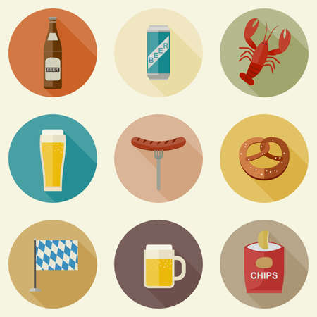 Beer icons set with a snack in a flat style.のイラスト素材
