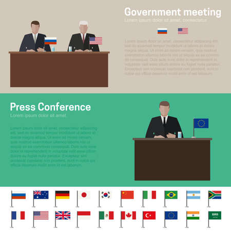 World Politics and press conference banners with simple flags icons of the countries in flat style.のイラスト素材