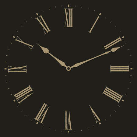 Clock vector illustration on black background. Dial with Roman numerals.のイラスト素材