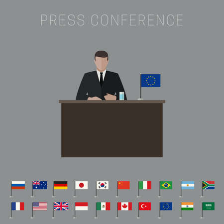 Press conference vector banner with simple flags icons of the countries in flat style.のイラスト素材