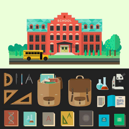 School building vector illustration with school bus and education icons in flat style.のイラスト素材