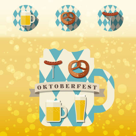 Oktoberfest logo concept. Silhouette mugs of beer in the colors of the Bavarian flag icons with traditional snacks for beer.のイラスト素材
