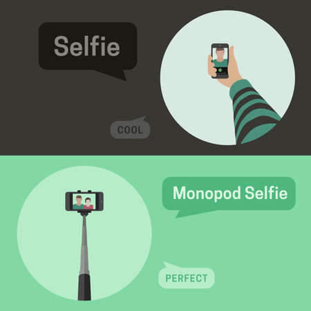 Simple vector illustration of taking selfie photo on smart phone using monopod or hand.のイラスト素材