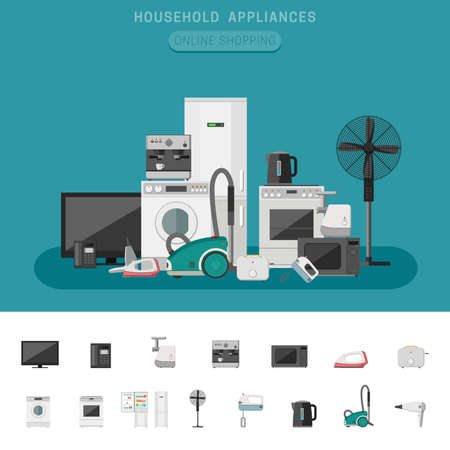 Household appliance banner with vector flat icons microwave, coffee machine, washing machine, etc.のイラスト素材