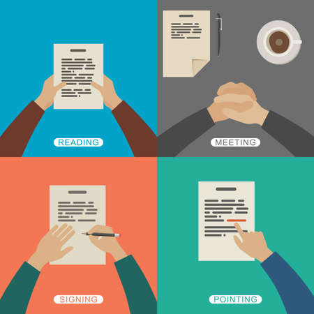 Four scenes of business working. Simple flat illustration with hands.のイラスト素材