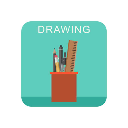 Drawing flat icon with cup pencils and pens.のイラスト素材