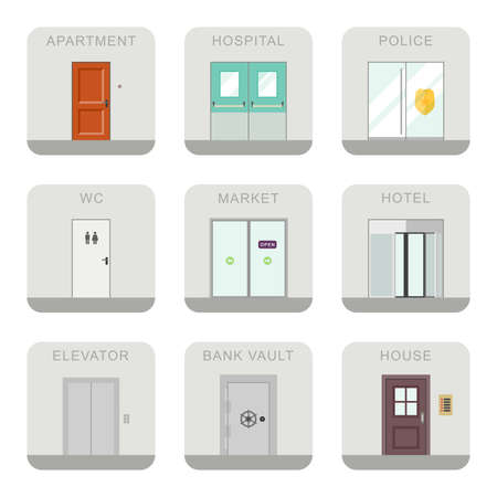 Icons doors for different purposes in flat style.のイラスト素材