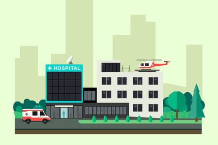 Hospital with ambulance car and helicopter in flat style. Vector medicine banner.のイラスト素材