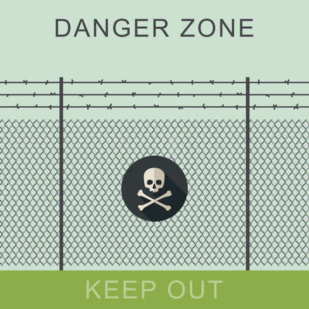 Danger zone with fence and sign of the skull bones.のイラスト素材