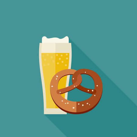 Mug of beer and pretzel icons in flat style. Vector illustration.のイラスト素材