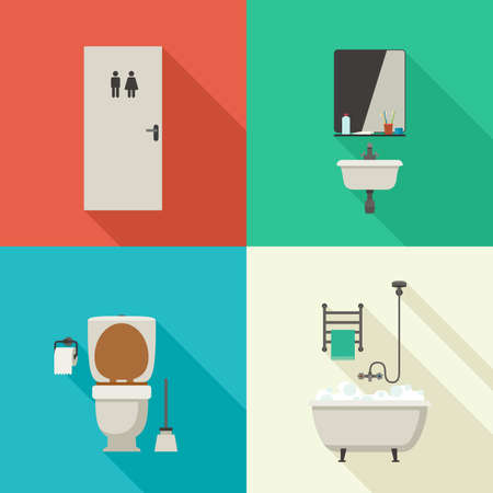 Bathroom illustrations with bath, toilet, sink and hygienic supplies. Vector icons of hygiene in flat style.のイラスト素材