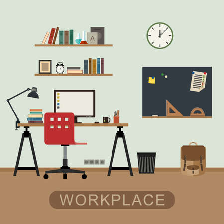 Workplace in room. Modern vector interior with furniture. Vector banner of workspace in flat style.のイラスト素材