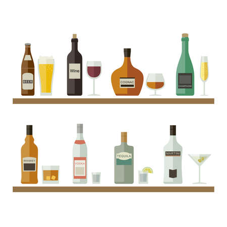 Drinks and beverages icons. Bottles of alcoholic beverages with mugs and glasses. Vector flat illustration.のイラスト素材