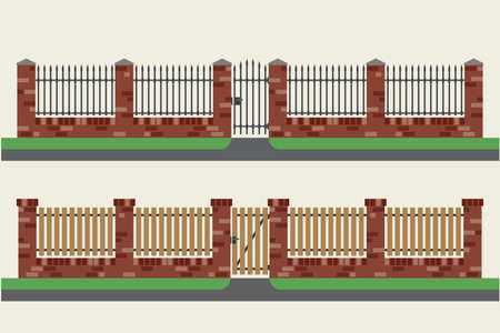 Brick fences with wooden and metal inserts. Fences and gates in flat style. Simple vector illustration.のイラスト素材