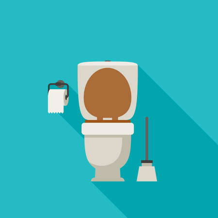 Toilet flat illustration with toilet paper and toilet brush.のイラスト素材