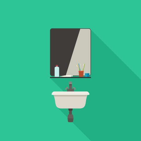 Bathroom sink flat illustration with mirror and hygienic supplies.のイラスト素材