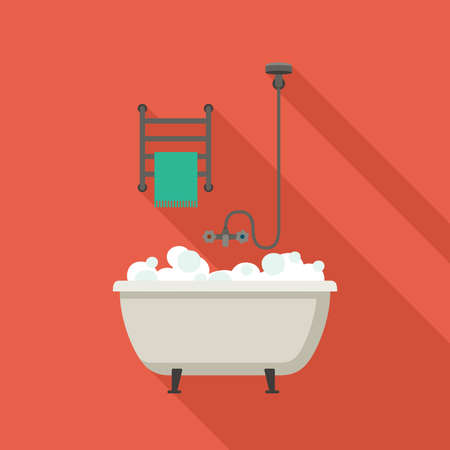 Bathtub flat illustrations with shower and towel.のイラスト素材