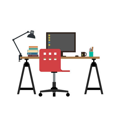 Working desk with monitor and chair. Workplace flat illustration.のイラスト素材