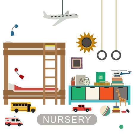 Baby playroom interior with furniture and toys. Vector banner of nursery in flat style.のイラスト素材