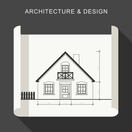 Blueprint flat illustration. Architectural drawing on white roll paper.のイラスト素材