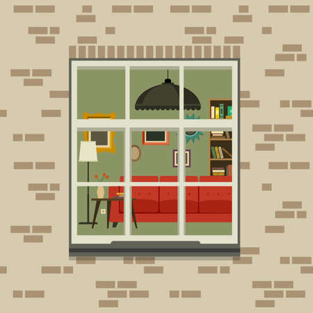 Window in brick wall. View of the living room through the window. Vector flat illustration.のイラスト素材