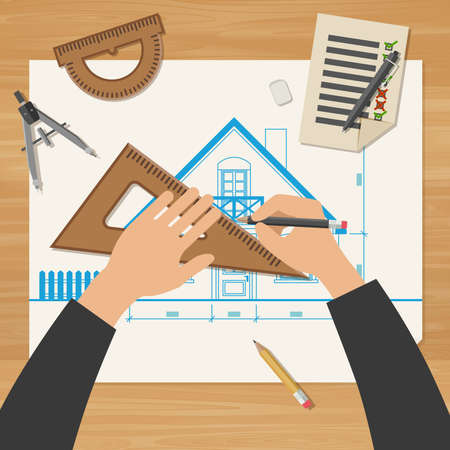 Architect at work. Simple vector illustration of blueprints with professional drawing equipment.のイラスト素材