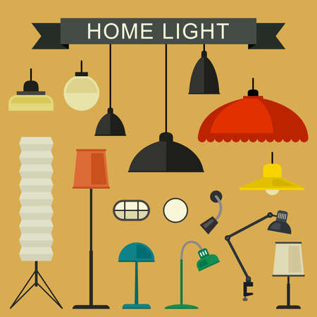 Home light with lamp icons in flat style. Simple illustration.のイラスト素材