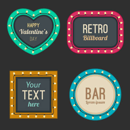 Retro light frames with bulbs in flat style. Set of retro billboards.のイラスト素材