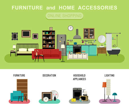 Furniture And Home Accessories Banner With Vector Flat Icons Sofa