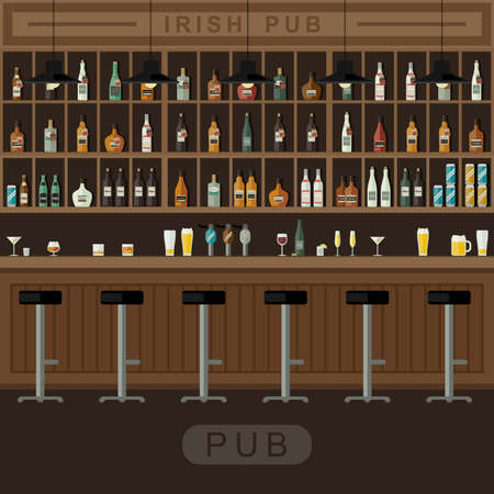 Bar Restaurant with counter in flat style. Vector banner of interior with bar counter, bar chairs and shelves with alcohol.のイラスト素材