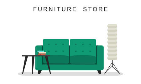 Sofa and table with books. Vector banner of living room in flat style.のイラスト素材