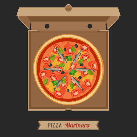 Pizza Marinara in the opened cardboard box. Vector flat pizza with anchovies.のイラスト素材