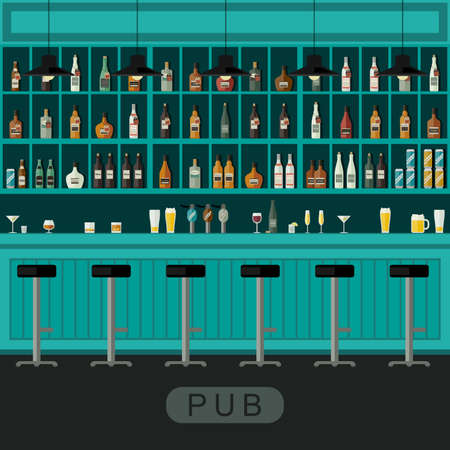 Pub interior with bar counter, bar chairs and shelves with alcohol.のイラスト素材