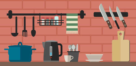 Kitchenware flat icons. Vector illustration of kitchen counter with cooking utensils.のイラスト素材
