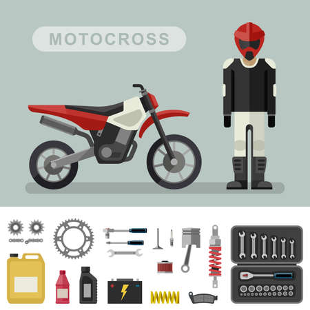 Motoctoss bike with parts in flat style. Vector illustration of motocross bike with biker. Moto parts and tools icons.のイラスト素材